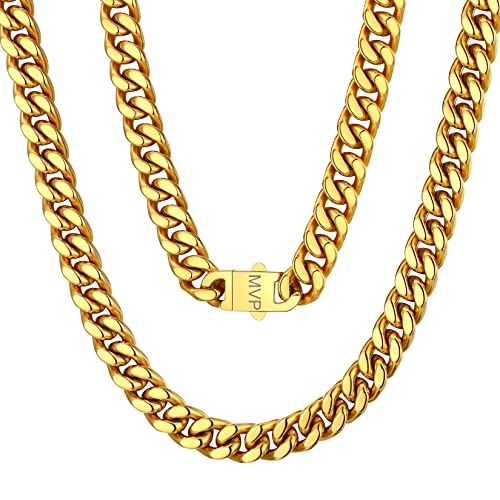 ChainsPro 9mm breit Cuban Link Chain Klassische Kubanische Herrenkette mit Gravur 18K Vergoldet Panzerkette Glieder Link Gliederkette 55cm lang Massiv Miami Cuban Necklace für Männer Jungen von ChainsPro