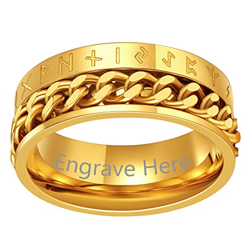 ChainsPro Anpassbarer Viking Rune Spinnerring mit Wunschgravur 316L Edelstahl Spinner Ring Hip Hop Drehbarer Kette Ring Unisex Anti-Angst Fidget Ring in Gold Ringgröße 62.1（19.8） für Damen Herren von ChainsPro