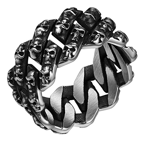 ChainsPro Cuban Chain Ring mit Totenkopf Punk 10.5mm breit Gothic Herren Männer Skull Siegelring Wikinger Kubanischer Kette Schädel Fingerring Ringgröße 70（22.3） für Modeschmuck Accessoires von ChainsPro