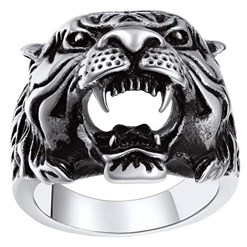 ChainsPro Edelstahl Tigerkop Ring für Herren Gothic Punk Biker Ring mit Personalisiert Grvur Silberfarbe Vintage Tierentwurf Ring für Herren Ring größe 73（23.2） von ChainsPro