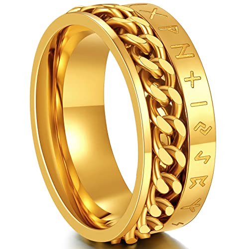 ChainsPro Gothic Viking Rune Spinnerring 316L Edelstahl Drehbare Kette Ring Fidget Ring Unisex Anti-Angst Spinner Ring in Gold Ringgröße 56.9（18.1） für Freundschaftsring Partnerring Jahrestag Ring von ChainsPro