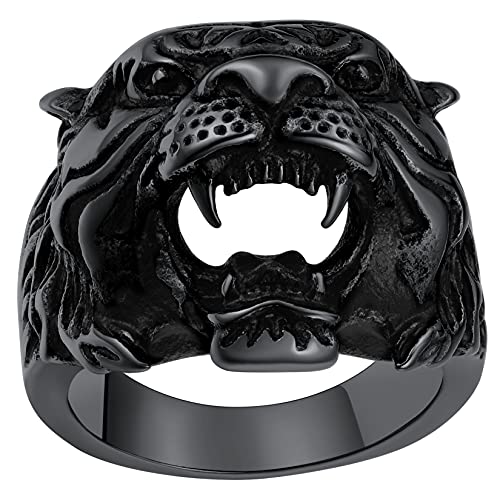 ChainsPro Gravierbarer Tigerkopf Ring für Männer Gothic Tribal Biker Tiger Schädel Ring Ring Größe 62（19.8） in Schwarz von ChainsPro