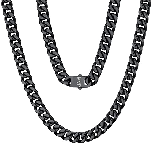 ChainsPro Herren Cuban Link Chain 7mm breit Kubanische Panzerkette mit Gravur Edelstahl Gliederkette Miami Cuaban Chain Necklace in Schwarz 46cm lang für Männer Jungen Modeschmuck Accessoires von ChainsPro