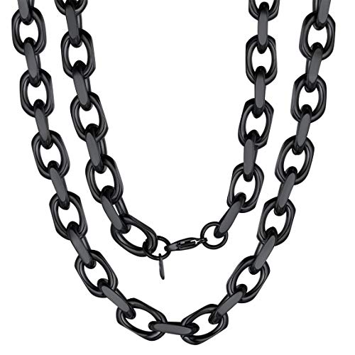 ChainsPro Herren Damen Halskette Edelstahl Panzerkette Gliederkette 11mm breit O Kette Ankerkette 51cm lang Flache Abschneiden O Form Ring Ketten in Schwarz Modeschmuck Accessoires von ChainsPro