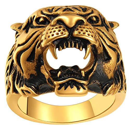 ChainsPro Herren Edelstahl Ring Tiger Design mit Personalisiert Grvur Gothic Punk Biker Ring 18K Vergoldet für Herren Tierentwurf Ring größe 67（21.3） von ChainsPro