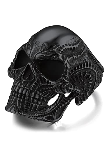 ChainsPro Vintage Männer Jungen Skull Ring aus Edelstahl Biker Totenkopf Bandring Schwarzer Massiv Herren Schädel Vorsteckring Halloween Bandring Ringgröße 64.6（20.75） von ChainsPro