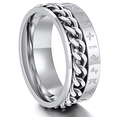 ChainsPro Vintage Viking Rune Spinner Ring 316L Edelstahl Anti-Angst Spinner Ring Fidget Ring für Herren Damen Drehbare Kette Ring Viking Ketten Style Ring in Silber Ringgröße 56.9（18.1） von ChainsPro