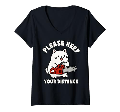 Damen Lustige Katze Humor Kettensäge Keep Distance T-Shirt mit V-Ausschnitt Damen Lustige Katze Humor Kettensäge Keep Distance T-Shirt mit V-Ausschnitt von Chainsaw Cat Social Distance Humor Tee