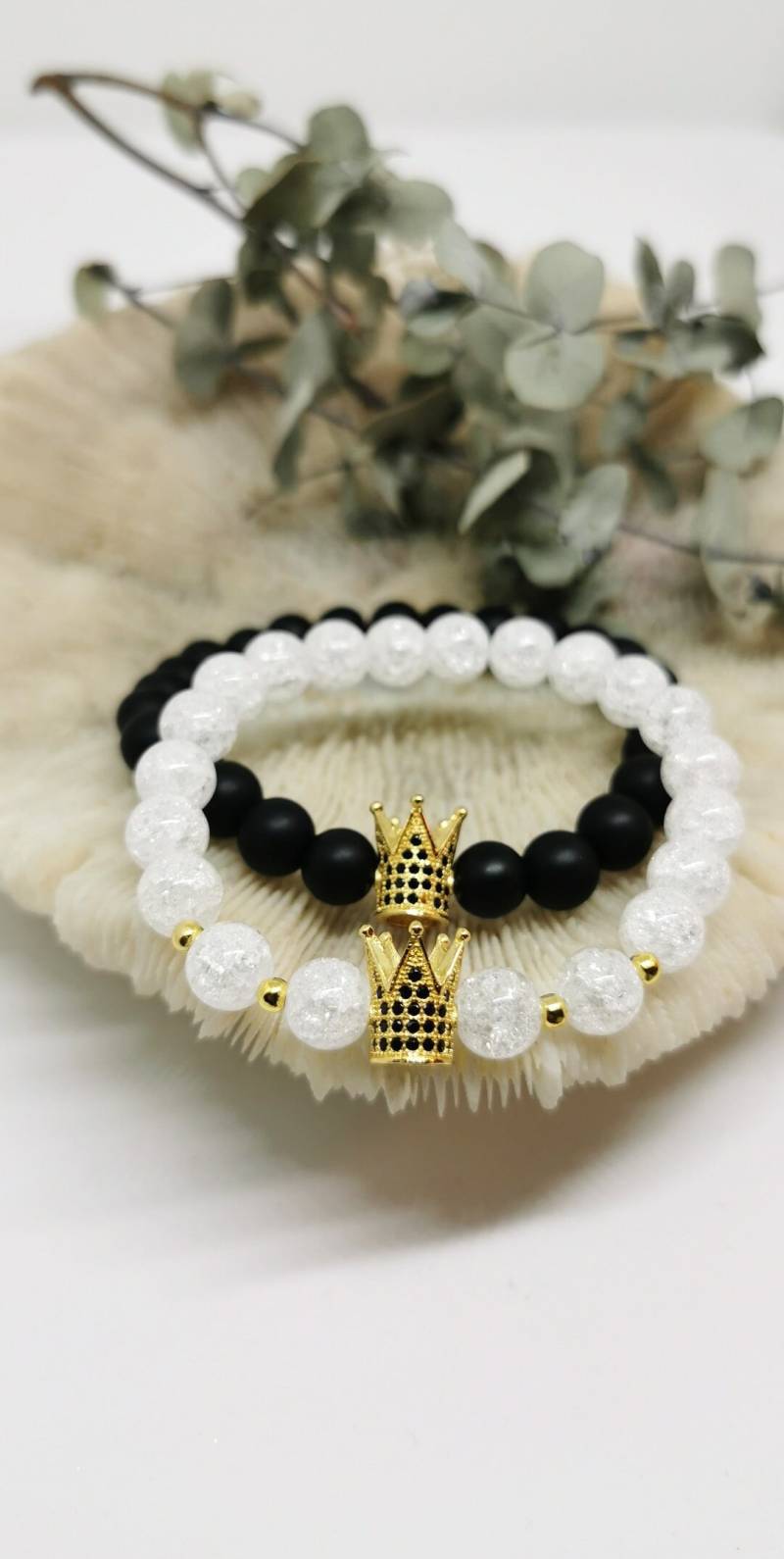 2Er Set King & Queen Partnerarmband | 1x Crystal White + 1x Onyx Black personalisierbar Perlenarmband, Freundschaftsarmband, Geschenkidee von ChainyDE