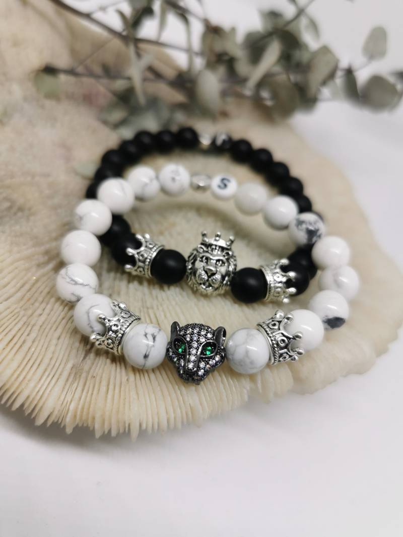 2Er Set Partnerarmband Mit Tiger Und Krone | 1 Marmor Weiß & 1 Onyx Schwarz Perlenarmband, Freundschaftsarmband, Couplearmband von ChainyDE