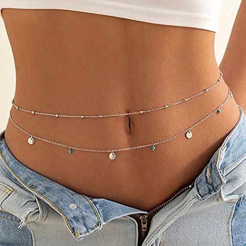 Chaioe Boho Double Türkis Körperkette Silber Perlen Taillenkette Pailletten Bauchketten für Frauen und Mädchen von Chaioe