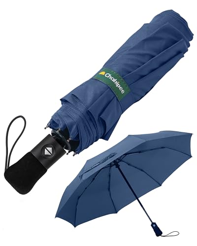 Chakipee Groß Sturmfest Kompakter Reise Regenschirm – Automatik Taschenschirm für Herren und Damen, 8 Rippen Schirm Tragbarer 210T-Stoff 97 cm Spannweite Dunkelblau von Chakipee