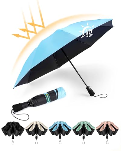 Chakipee Kompakter Reise Regenschirm Groß Sturmfest – Automatik Taschenschirm Tragbarer UV-Schirm für Damen und Herren, 210T Beschichtung 97 cm Spannweite 8 Rippen Taschenschirme Blau von Chakipee