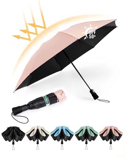 Chakipee Kompakter Reise Regenschirm Groß Sturmfest – Automatik Taschenschirm Tragbarer UV-Schirm für Damen und Herren, 210T Beschichtung 97 cm Spannweite 8 Rippen Taschenschirme Rosa von Chakipee