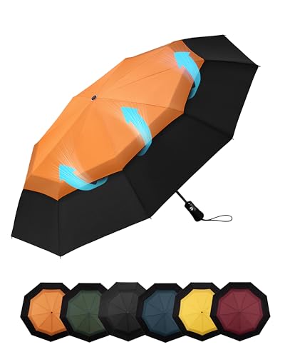 Chakipee Kompakter Reise Regenschirm Groß Sturmfest – Automatik Taschenschirm für Herren und Damen, Doppelt belüftetes Vordach 210T Teflon-Beschichtung 102 cm Spannweite 9 Rippen Schirm Orange von Chakipee