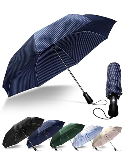 Chakipee Kompakter Reise Regenschirm Groß Sturmfest – Automatik Taschenschirm für Herren und Damen, Tragbarer 210T-Stoff 97 cm Spannweite 10 Rippen Streifenmuster Schirm von Chakipee