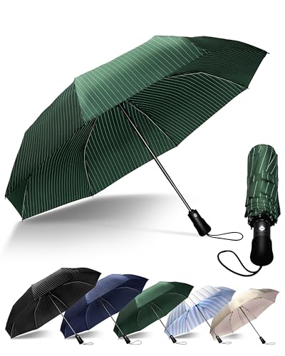 Chakipee Kompakter Reise Regenschirm Groß Sturmfest – Automatik Taschenschirm für Herren und Damen, Tragbarer 210T-Stoff 97 cm Spannweite 11 Rippen Streifenmuster Schirm von Chakipee