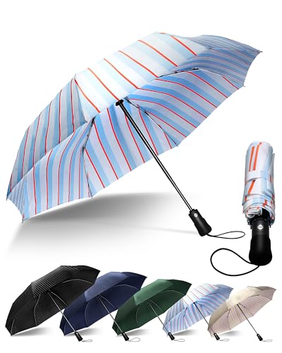 Chakipee Kompakter Reise Regenschirm Groß Sturmfest – Automatik Taschenschirm für Herren und Damen, Tragbarer 210T-Stoff 97 cm Spannweite 12 Rippen Streifenmuster Schirm von Chakipee