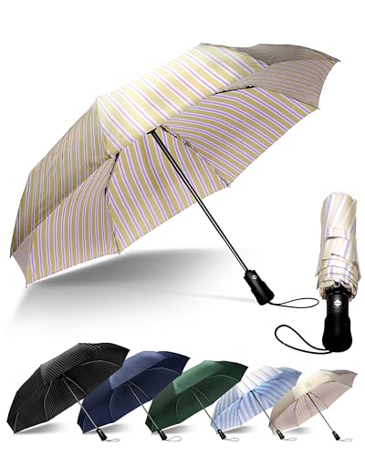 Chakipee Kompakter Reise Regenschirm Groß Sturmfest – Automatik Taschenschirm für Herren und Damen, Tragbarer 210T-Stoff 97 cm Spannweite 13 Rippen Streifenmuster Schirm von Chakipee