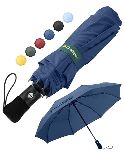 Chakipee Kompakter Reise Regenschirm Groß Sturmfest – Automatik Taschenschirm für Herren und Damen, Tragbarer 210T-Stoff 97 cm Spannweite 8 Rippen Schirm Dunkelblau von Chakipee