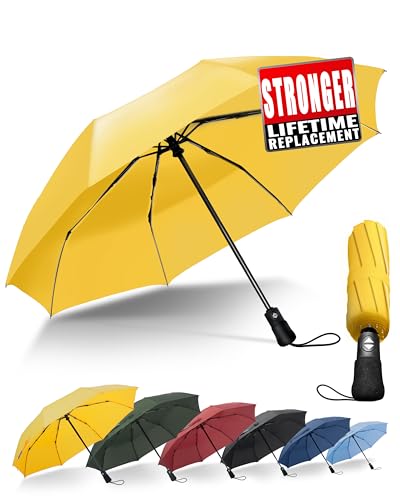 Chakipee Kompakter Reise Regenschirm Groß Sturmfest – Automatik Taschenschirm für Herren und Damen, Tragbarer 210T-Stoff 97 cm Spannweite 8 Rippen Schirm Gelb von Chakipee