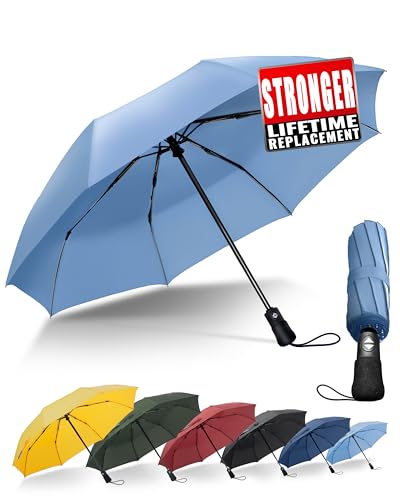 Chakipee Kompakter Reise Regenschirm Groß Sturmfest – Automatik Taschenschirm für Herren und Damen, Tragbarer 210T-Stoff 97 cm Spannweite 8 Rippen Schirm Himmelblau von Chakipee