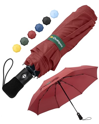 Chakipee Kompakter Reise Regenschirm Groß Sturmfest – Automatik Taschenschirm für Herren und Damen, Tragbarer 210T-Stoff 97 cm Spannweite 8 Rippen Schirm Rot von Chakipee