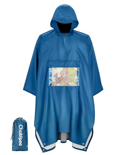 Chakipee Regenponcho Wasserdicht Erwachsene Wiederverwendbar Regencape Leichtgewicht mit Transparenter Tasche, Packbarer Rain Poncho Mehrzweck für Reisen, Wandern, Camping, Festivals Blau von Chakipee