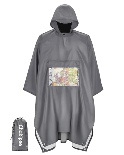 Chakipee Regenponcho Wasserdicht Erwachsene Wiederverwendbar Regencape Leichtgewicht mit Transparenter Tasche, Packbarer Rain Poncho Mehrzweck für Reisen, Wandern, Camping, Festivals Grau von Chakipee