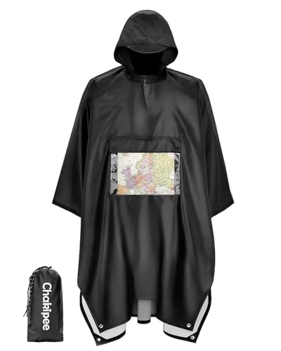 Chakipee Regenponcho Wasserdicht Erwachsene Wiederverwendbar Regencape Leichtgewicht mit Transparenter Tasche, Packbarer Rain Poncho Mehrzweck für Reisen, Wandern, Camping, Festivals Schwarz von Chakipee