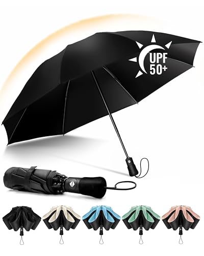 Chakipee Regenschirm Groß Sturmfest Kompakter Reise für Damen und Herren– Automatik Auf und Zu Taschenschirm Tragbarer UV-Schirm, Taschenschirme Schwarz 210T Beschichtung 97 cm Spannweite 8 Rippen von Chakipee