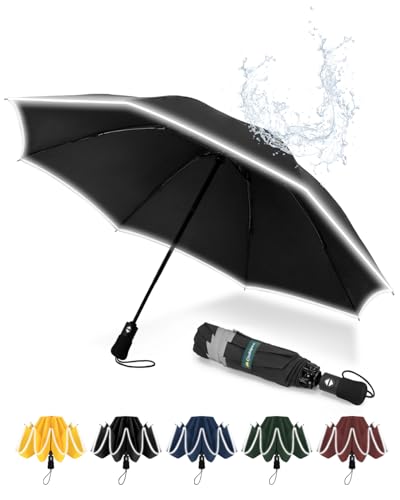 Chakipee Regenschirm Groß Sturmfest Reflektierend für Herren und Damen – Taschenschirm Automatik Auf und Zu Reise Schirm Kompakter Tragbarer, Taschenschirme Schwarz 210T Beschichtung 106 cm Spannweite von Chakipee