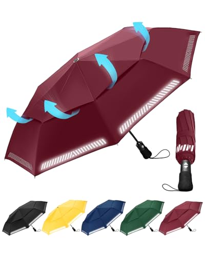 Chakipee Regenschirm Sturmfest Taschenschirm mit Reflexstreifen Umbrella Kompakter Reise Winddichter Automatik Auf und Zu Doppelt Belüftetes Vordach 8 Rippen für Herren Damen Kinder von Chakipee