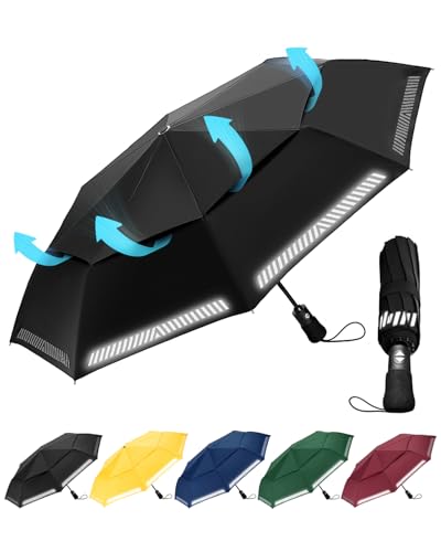 Chakipee Regenschirm Sturmfest Taschenschirm mit Reflexstreifen Schwarz Umbrella Kompakter Reise Winddichter Automatik Auf und Zu Doppelt Belüftetes Vordach 8 Rippen für Herren Damen Kinder von Chakipee