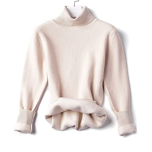 Mit Fleece Gefütterter Strickpullover Für Damen,Beiger Winter-Dicker Rollkragenpullover Für Damen,Lässiges, Warmes Strickpullover-Oberteil,Mit Fleece Gefütterte Strickwaren Mit Gerippten Böden von Chakulamy