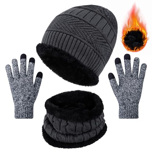 Chalier Cmfort WinterMütze Schal Touchscreen Handschuhe Set Unisex thermisch warm elastisch Nackenwärmer superweiche Strickmütze Outdoor Sport Handschuhe Set Geschenk für Herren und Damen MEHRWEG von Chalier Cmfort