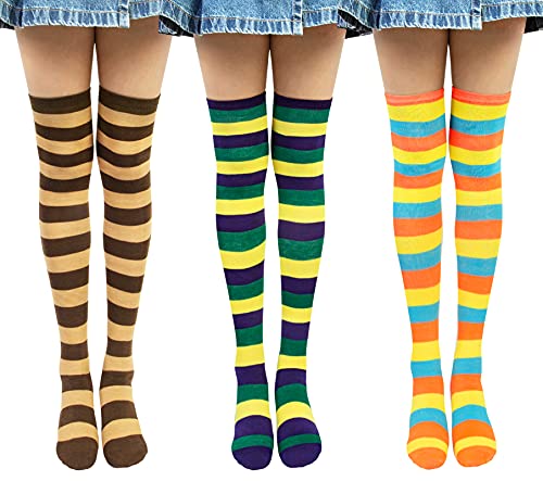 Chalier Cozy 3 Paare Gestreifte Kniestrümpfe Overknee Strümpfe Damen Lange Gestreifte Socken Thigh High Socks Beinwärmer Schenkel Socken für Mädchen Einheitsgröße Orange grün Khaki von Chalier Cozy