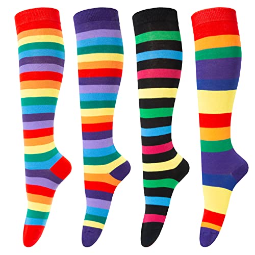 Chalier Cozy 4 Paar Kniestrümpfe Damen Overknee Strümpfe Lange Socken Knee High Socks Volleyballsocken Sportsocken Damensocken Karneval Kostüm Regenbogen Streifen One Size von Chalier Cozy