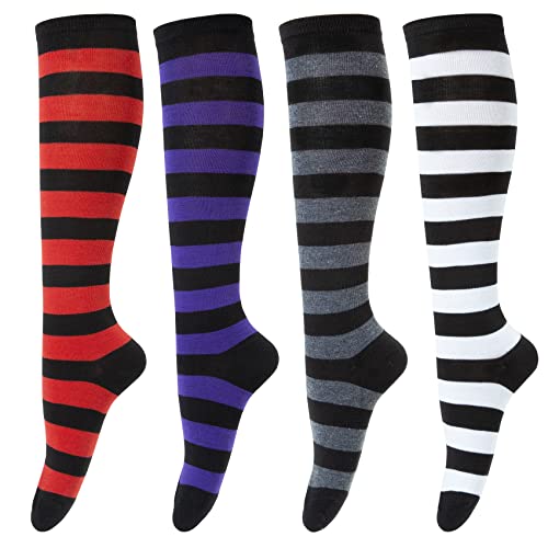 Chalier Cozy 4 Paar Kniestrümpfe Damen Overknee Strümpfe Lange Socken Knee High Socks Volleyballsocken Sportsocken Damensocken Karneval Kostüm Streifen One Size von Chalier Cozy