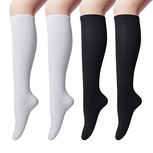 Chalier Cozy 4 Paar Kniestrümpfe Damen aus Baumwolle, Overknee Strümpfe Knee High Socks Lange Socken Volleyballsocken Sportsocken Damensocken Schwarz + Weiß von Chalier Cozy