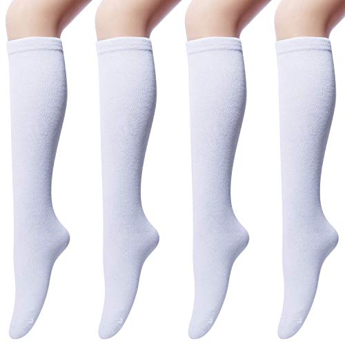 Chalier Cozy 4 Paar Kniestrümpfe Damen aus Baumwolle, Overknee Strümpfe Knee High Socks Lange Socken Volleyballsocken Sportsocken Damensocken Weiß von Chalier Cozy