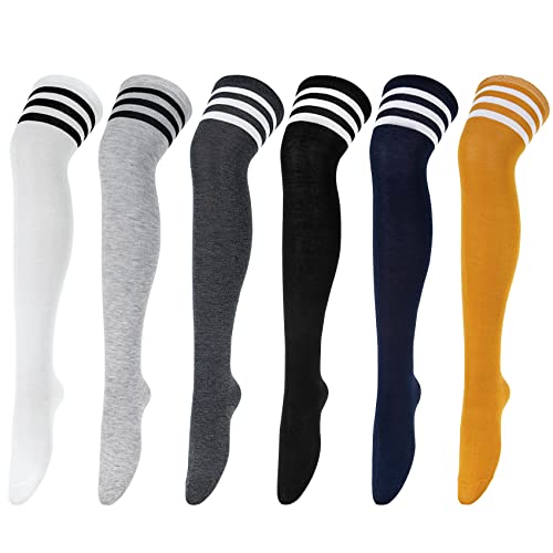 Chalier Cozy 6 Paar Kniestrümpfe Overknee Strümpfe Damen Lange Überknie Gestreifte Socken Thigh High Socks Lässige Hoch Booten Strümpfe Ingwergelb Schwarz Grauer Streifen von Chalier Cozy