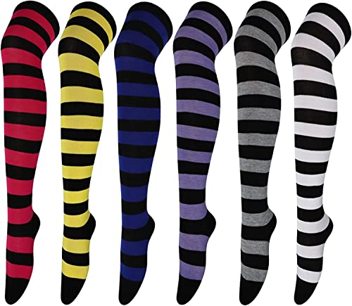 Chalier Cozy 6 Paar Kniestrümpfe Overknee Strümpfe Damen Lange Überknie Gestreifte Socken Thigh High Socks Lässige Hoch Booten Strümpfe Roter Gelber Blauer Streifen von Chalier Cozy