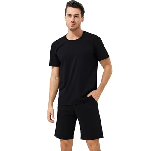 Chalier Cozy Herren Modal Schlafanzug Set Kurz Sleepwear Nachtwäsche Kurzarm Oberteil Hosen Bequeme Freizeit Sommer Loungewear für Männer Weiche Schlafanzüge PJ Sets mit Taschen（Schwarz-L） von Chalier Cozy