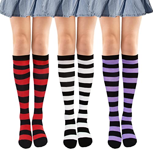 Chalier Cozy Kniestrümpfe Gestreifte Overknee Strümpfe 3 Paare Damen Overknee Socken Lange Thigh High Socks Schenkel Hoch Booten Strümpfe Täglich Sportsocken Kurzer Streifen Einheitsgröße von Chalier Cozy