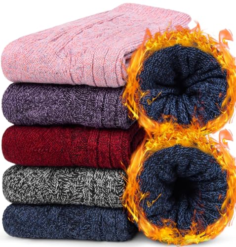 Chalier Finery 5 Paar Dicke Wollsocken Thermosocken, Winter Warme Socken Stricksocken Damen Geschenke für Frauen, EU Größe 36-41 von Chalier Finery
