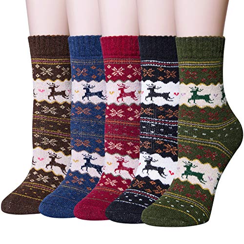 Chalier Finery 5 Paar Wollsocken Damen, Warme Damensocken für Winter, Sportsocken Atmungsaktiv Arbeitssocken Outdoor Wandersocken, Thermosocken Dick Wintersocken Damen Geschenke von Chalier Finery