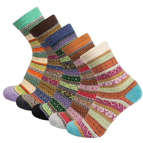 Chalier Finery 5 Paar Wollsocken Damen, Warme Damensocken für Winter, Sportsocken Atmungsaktiv Arbeitssocken Outdoor Wandersocken, Thermosocken Dick Wintersocken Damen Geschenke von Chalier Finery