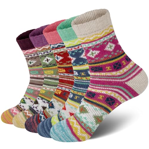 Chalier Finery 5 Paar Wollsocken Damen, Warme Damensocken für Winter, Sportsocken Atmungsaktiv Arbeitssocken Outdoor Wandersocken, Thermosocken Dick Wintersocken Damen Geschenke von Chalier Finery