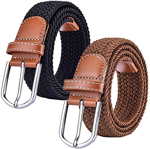 Chalier 2 Pack Damen Elastischer Stoffgürtel Geflochtener Stretchgürtel Dehnbarer Gürtel, Brown & Black, Einheitsgröße von Chalier